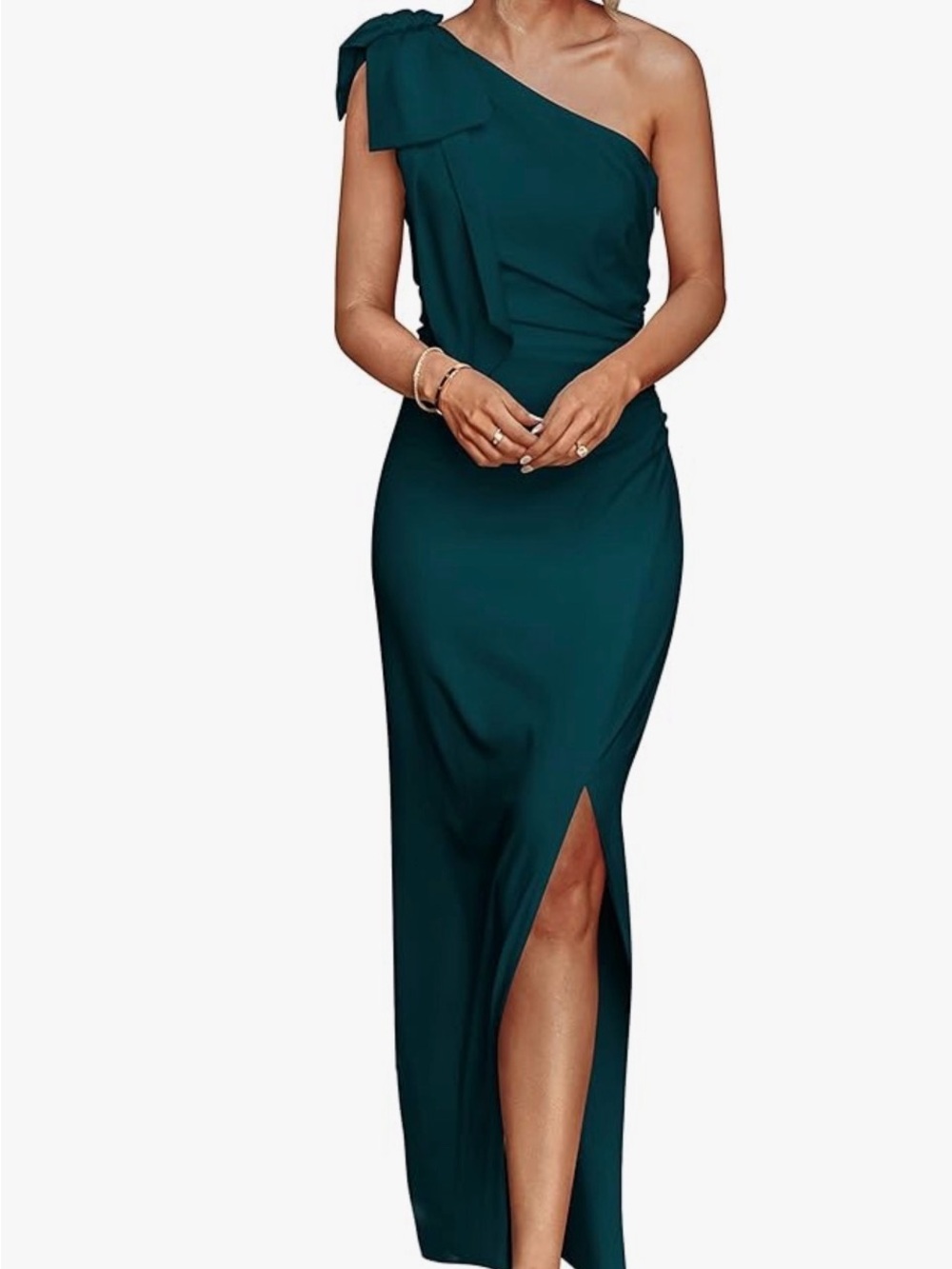 Pretty Garden one shoulder long dress in dark green with slit and bow detail M